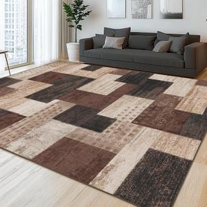 Modern Geometric Patchwork Indoor Area Rug for Living Room, Chocolate 8'x 10' Large Rug Rockwood Collection Hardwood Floors Decor for Bedroom, Brown Throw Carpet for Office Entryway Dining Room