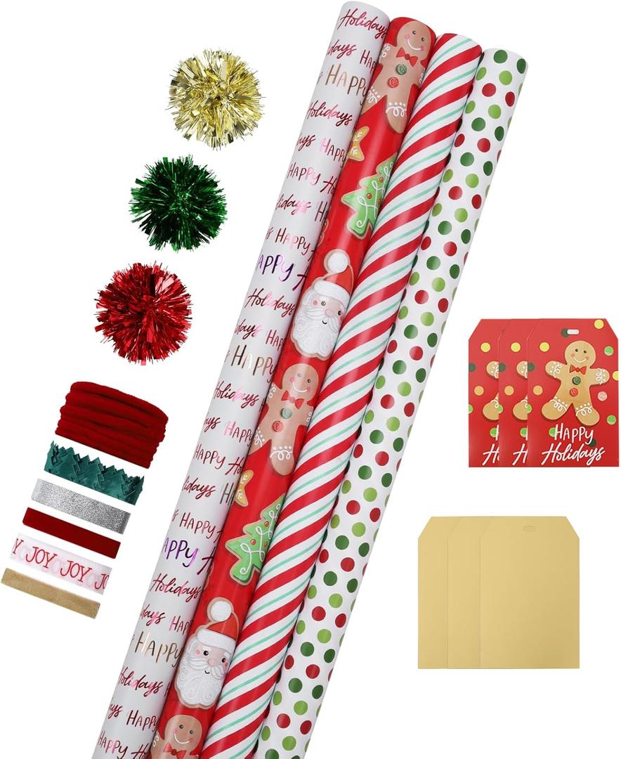 LaRibbons Christmas Wrapping Paper Sets, Gingerbread Man & Polka Dot & Stripes Design with Ribbons & Gift Tags & Metallic Pom Pom for Christmas, Holiday, 30Inch  10Feet 4 Rolls: 100 Sq.Ft.Ttl