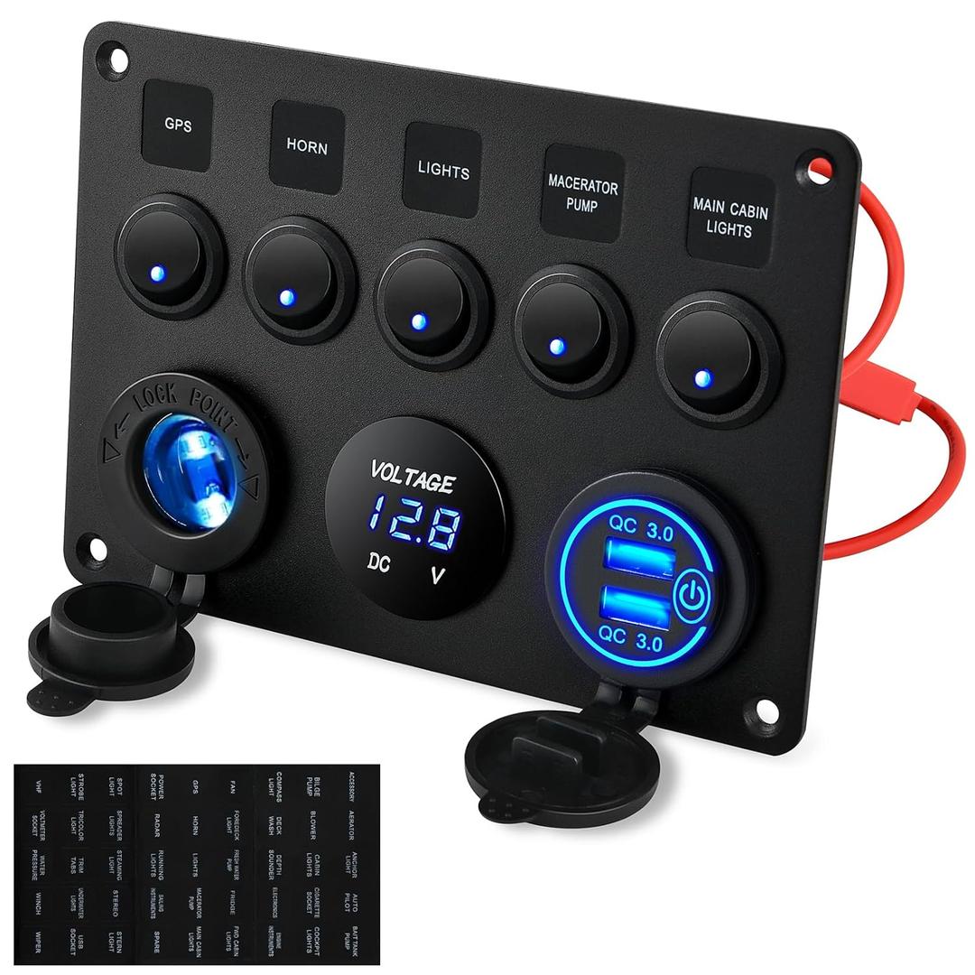Kohree 12V 5 Gang Marine Switch Panel - Waterproof Boat Rocker Switch Panel with Dual QC 3.0 USB Ports, LED Digital Voltmeter and 12V Cigarette Lighter Socket for Boat Marine Toggle