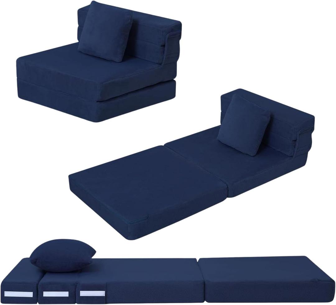 MeMoreCool Foldable Futon Chair Bed for Kids, Toddler Sofa Mattress, Convertible Foam Floor Couch, Tri-fold Sleeping Mattress (Navy)