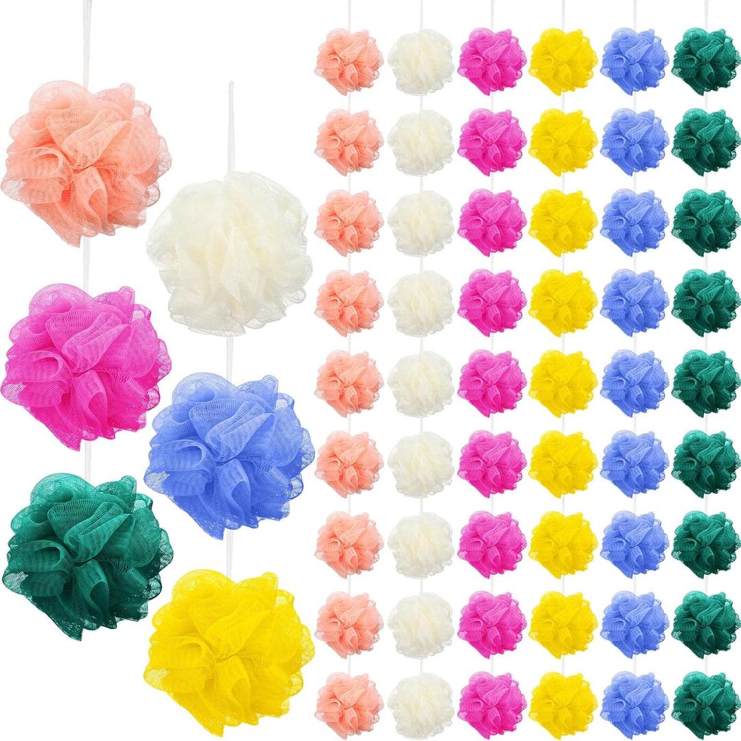 Sunnyray 100 Pcs Bath Loofahs Bulk, Bath Puffs Pack, Exfoliating Bathing Sponges for Women Men Cleaning, Assorted Color Mesh Balls for Travel, Home Body Washing, 6 Colors