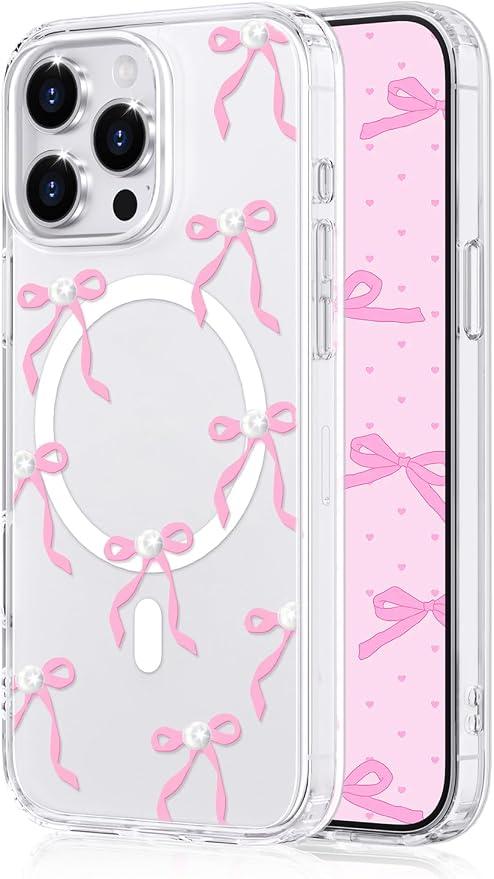 Magnetic for iPhone 15 Pro Max Case with Bow - Magnetic Clear Case Compatible with MagSafe, Slim Aesthetic Phone Cover for Women Girls, Anti-Yellowing Shockproof Stylish Protective Cover - Pink