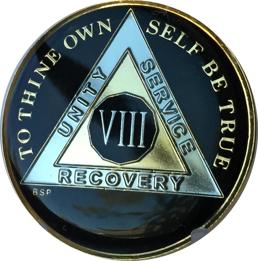 Blue Star Press 8 Year Classic Black AA Alcoholics Anonymous Medallion Sobriety Chip Tri Plate Gold & Nickel Plated Serenity Prayer