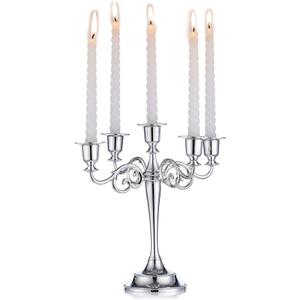 Sziqiqi Candelabra Candlestick Holder for Taper Candles for Wedding Event Candle Centerpiece Home Holiday Decoration, Zinc Alloy 5-stem 10.6in, Silver Finish