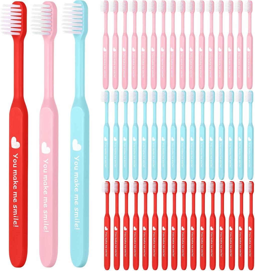 Willinglong 48 Pcs Toothbrushes Bulk Individually Wrapped, Pink Toothbrush Blue and Pink Cute Design