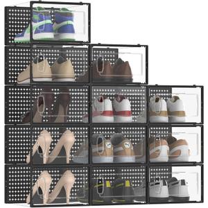 12 Pack Large Shoe Storage Box Organizer for Closet, Versatile Clear Plastic Stackable Sneaker Shoe Rack Containers Bins Holders, Portable Closet Organizers and Storage, Black