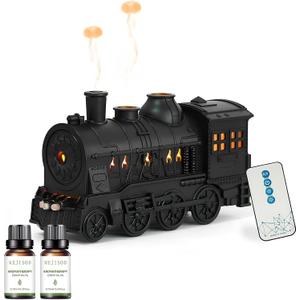 Train Diffuser 300ML Essential Oil Diffuser with 2 Essential Oils, Flame Effect Cool Mist Humidifier, Night LightRetro Train-Shaped Aroma Diffuser for Relaxation, Home Decor & Gifts
