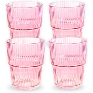 Ribbed Drinking Glasses Set of 4 - Stackable Glass Cups for Kitchen - Iced Coffee, Water, Juice & Mocktails - Aesthetic Water Tumblers Elegant Hostess Gifts Home Essentials (14 fl oz)