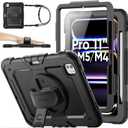 SEYMAC stock Case for iPad Pro 11-inch M5-M4 2025-2024, Shockproof Heavy Duty Case with Screen Protector, Pencil Holder, Rotating Stand, Hand Strap, Shoulder Strap, Black