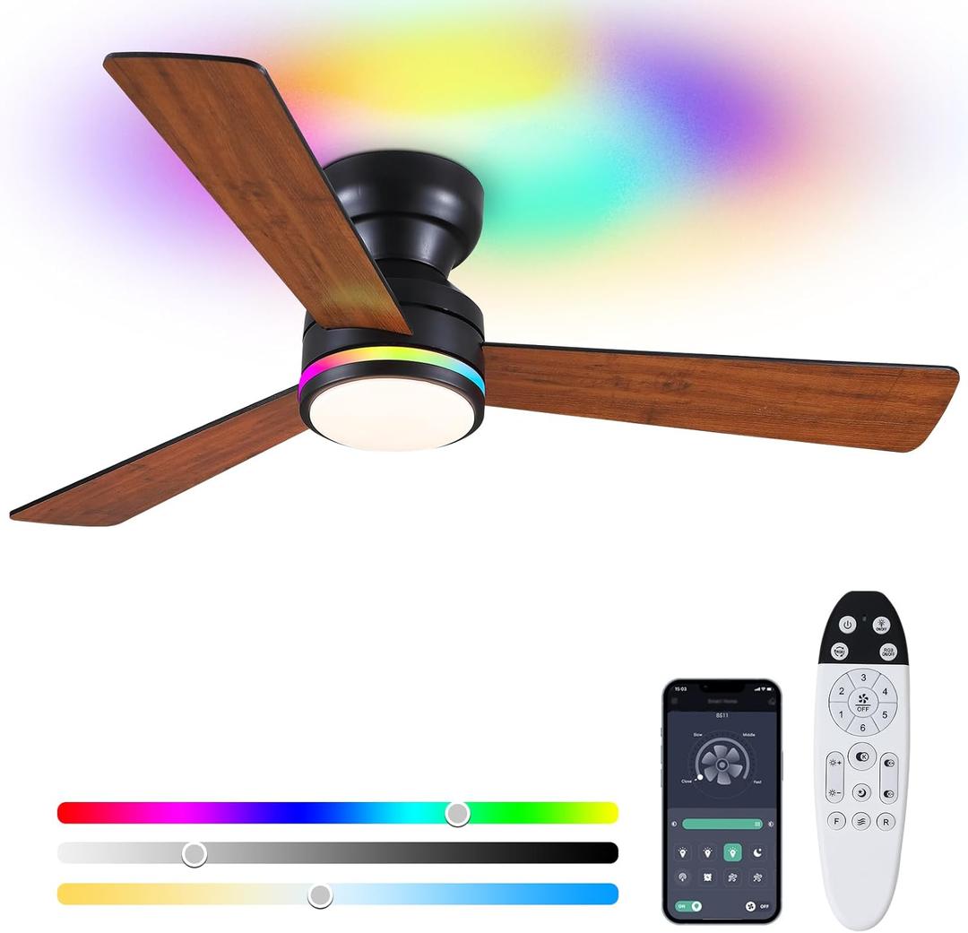 Asyko Ceiling Fans with Lights, 46 Inch Low Profile Ceiling Fan with Light and Remote Control,Reversible, RGB,Dimmable, Quiet, Brown Ceiling Fan for Bedroom Indoor/Outdoor Use