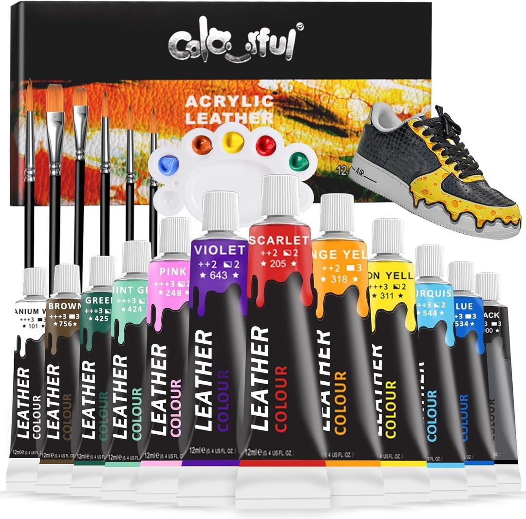 Colorful Acrylic Leather Paint for Shoe Painting- 12 Colors Leather Paint for Bag & Wallet Decor, Leather Jacket Care, Crafts DIY & Customizing Leather Projects