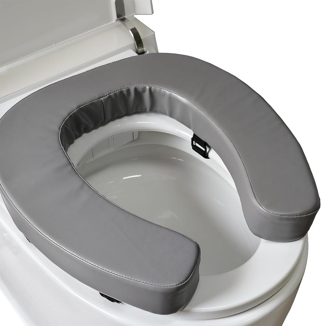 Soft Padded Toilet Seat Cushion with 2-Inch High-Density Foam & Waterproof PU Fabric, U-Shape Padded Toilet Cushion - Secure Hook & Loop Tape, Fits Standard/Elongated Toilets (Grey) (Gray)