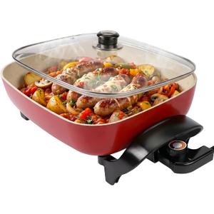 15'' Ceramic Nonstick Electric Skillet with Tempered Vented Glass Lid,Removable Easy-to-Clean,Thermostat Control to Prevent Overheating, Red