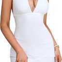 XinFSh Women's Sexy Halter Deep V Neck Bodycon Mini Dress Bow Tie Backless Party Club Going Out Short Dresses White, X-Large