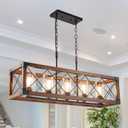 5-Light Farmhouse Kitchen Island Lighting, 35.5 Inch Linear Dining Room Light Fixture,Rustic Rectangle Chandeliers for Dining Room,Vintage Ceiling Hanging Pendant LightRustic Wood Grain