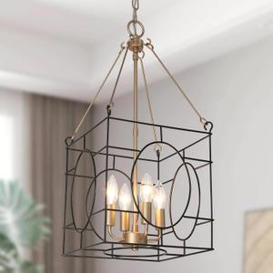 KSANA Black and Gold Square Chandelier, Mid-Century Modern 4-Light Cage Pendant Lighting Fixtures for Dining Room, Kitchen, Foyer, Bedroom and Living Room