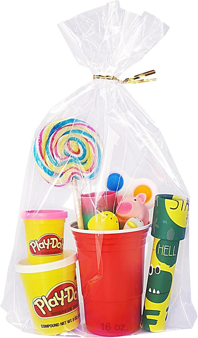 Wowfit 50 CT 10x14 inches Clear Bottom Gusset Cellophane Gift Bags with 6" Gold Twist Ties, Cello Packaging for Party Favors, Bridal Showers, and Wedding Gift Wrapping