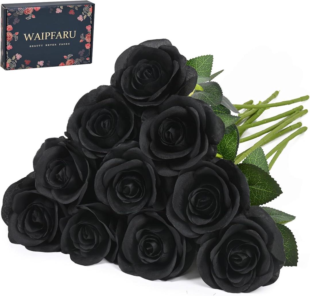 Waipfaru Halloween Flowers, Fake Black Roses Artificial Flowers, Artificial Roses with Long Stems, Faux Silk Roses for Wedding Bouquet Table Centerpieces Indoor Outdoor Decor (10 Pcs, Black)