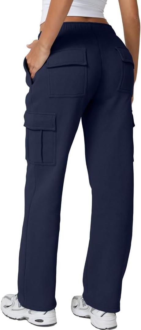QINSEN Womens Medium Waist Baggy Elastic Waist Sweatpants Casual Fleece Long Pants with Pockets (Large, Navy)