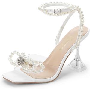 DREAM PAIRS Stiletto Bow Heels for Women Strappy Sparkly Rhinestone Square Toe Clear Crystal High Sandals for Party Wedding (10, White-pearl)