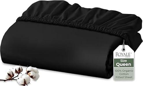 Royale Linens 100% Organic Cotton Fitted Sheet - Percale Weave - Super Soft Deep Pocket Bottom Sheets - Black Elastic Sheet Queen Size - Queen Fitted Sheets Only - (60"x80"+15", Black)