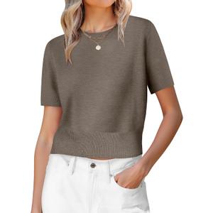ANRABESS Womens Short Sleeve Sweaters Cropped Crew Neck Business Casual Lightweight Sweater Tops 2026 Spring Summer Outfits (Brown, L)