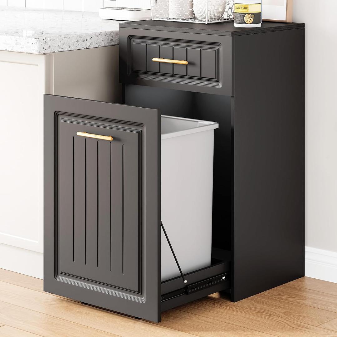 ZIFTY 13 Gallon Pull Out Trash Can Cabinet, Pet Proof Freestanding Kitchen Trash Bin Cabinet with Hideaway Drawer, Wooden Garbage Recycling, Laundry Hamper, Modern Farmhouse Waste Bin Furniture, Black