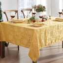 Newbridge Christmas Carol Holiday Noel Damask Fabric Tablecloth, 60 x 84 Inch Rectangle, Gold, Holly Leaf Poinsettia Weave, Wrinkle Free Soil Resistant Easy Care Table Cover