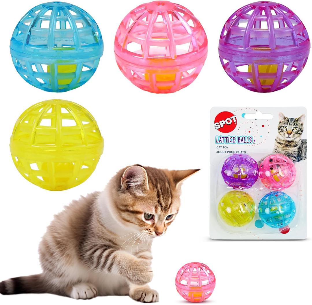 SPOT Lattice Balls Cat Toys - Durable, Fun Balls with Bells Perfect for Swatting and Batting, Colorful Toys to Entertain Indoor Cats and Kittens, - 1.5 inch, 4 pcs