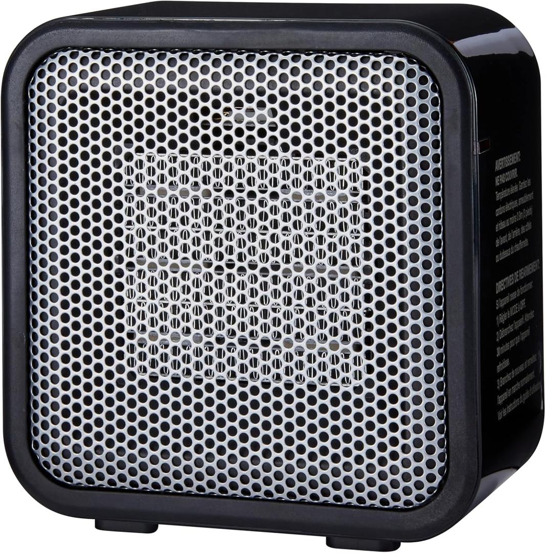 Amazon Basics Ceramic Space Heater, Mini Heater for Office Desk, Portable Tent Heater for Camping (Indoor Use), 500 W, With Tip-Over Protection, Lightweight (1.4 LBS), Black, 5.8"D x 3.4"W x 6"H
