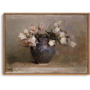 OIQArtOIQ Vintage Landscape Canvas Wall Art Framed Natural Scenery Painting Artwork Prints France Country Wilderness Farmhouse Decor Pictures Kitchen Bedroom Living Room Bathroom (16x24 in, White rose)