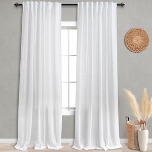 KOUFALL White 52x98 Inches Long Back Tab Rod Pocket Linen Sheer Curtains for Living Room (52"W x 98"L (Pack of 2))