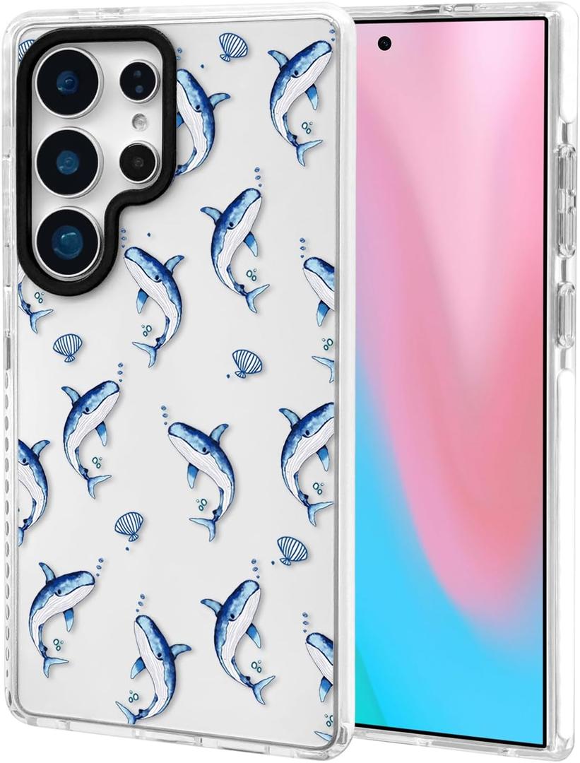 ChiCsFleur for Samsung Galaxy S23 Ultra Case, TPU Phone case with Camera Protection for Women Girls Teens - Blue Whale Shark Artsy Cartoon Pattern Shell Bubble Ocean Gift Kawaii Aesthetic Unique