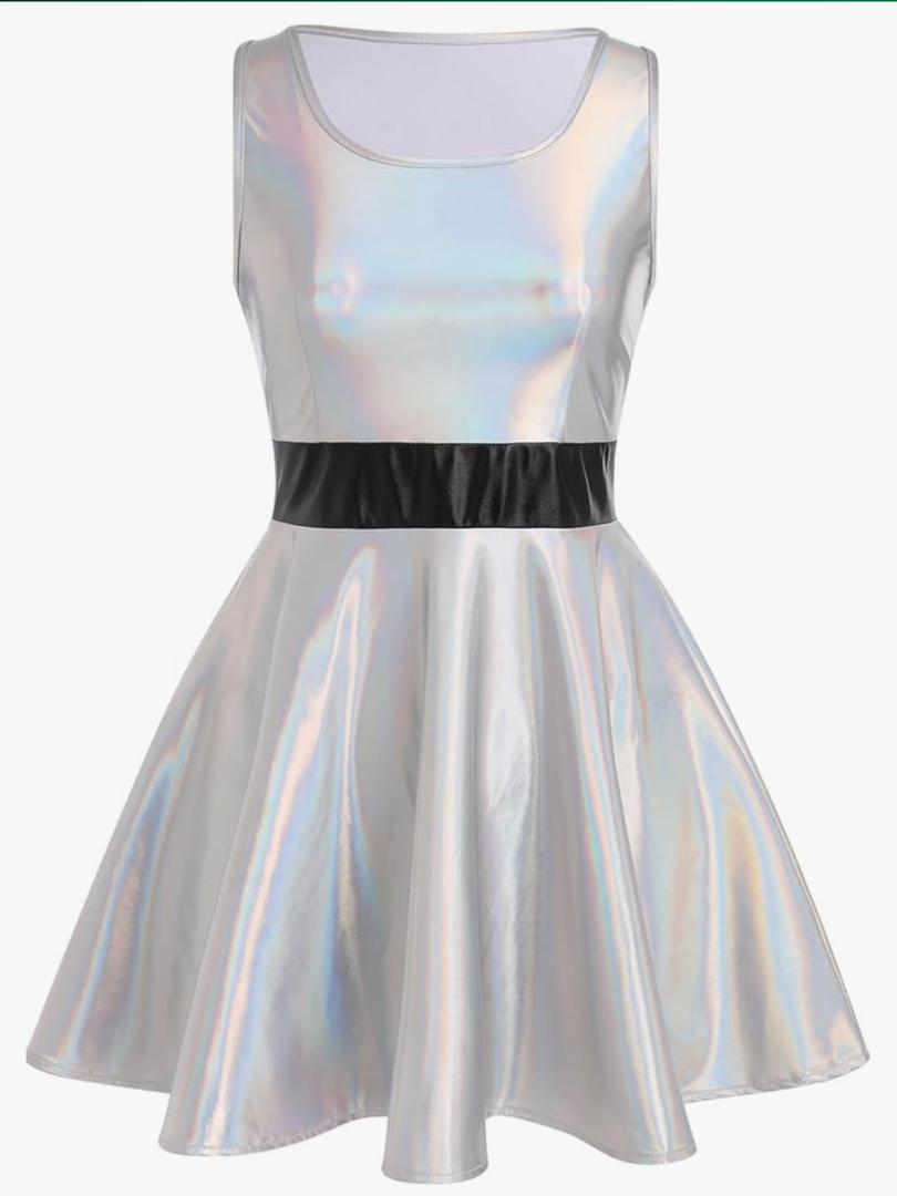 Women's Shiny Metallic Dress Sexy Sleeveless Skater Mini Dress Holographic Party Rave Dance Clubwear Halloween Costume XL