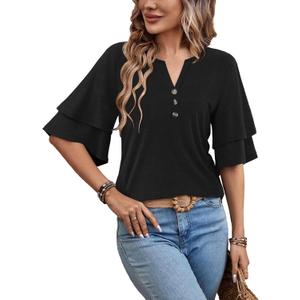 MixShe Tops for Women Split V Neck Button Ruffle Sleeve Casual Summer Lightweight Blouses (Large, Black)