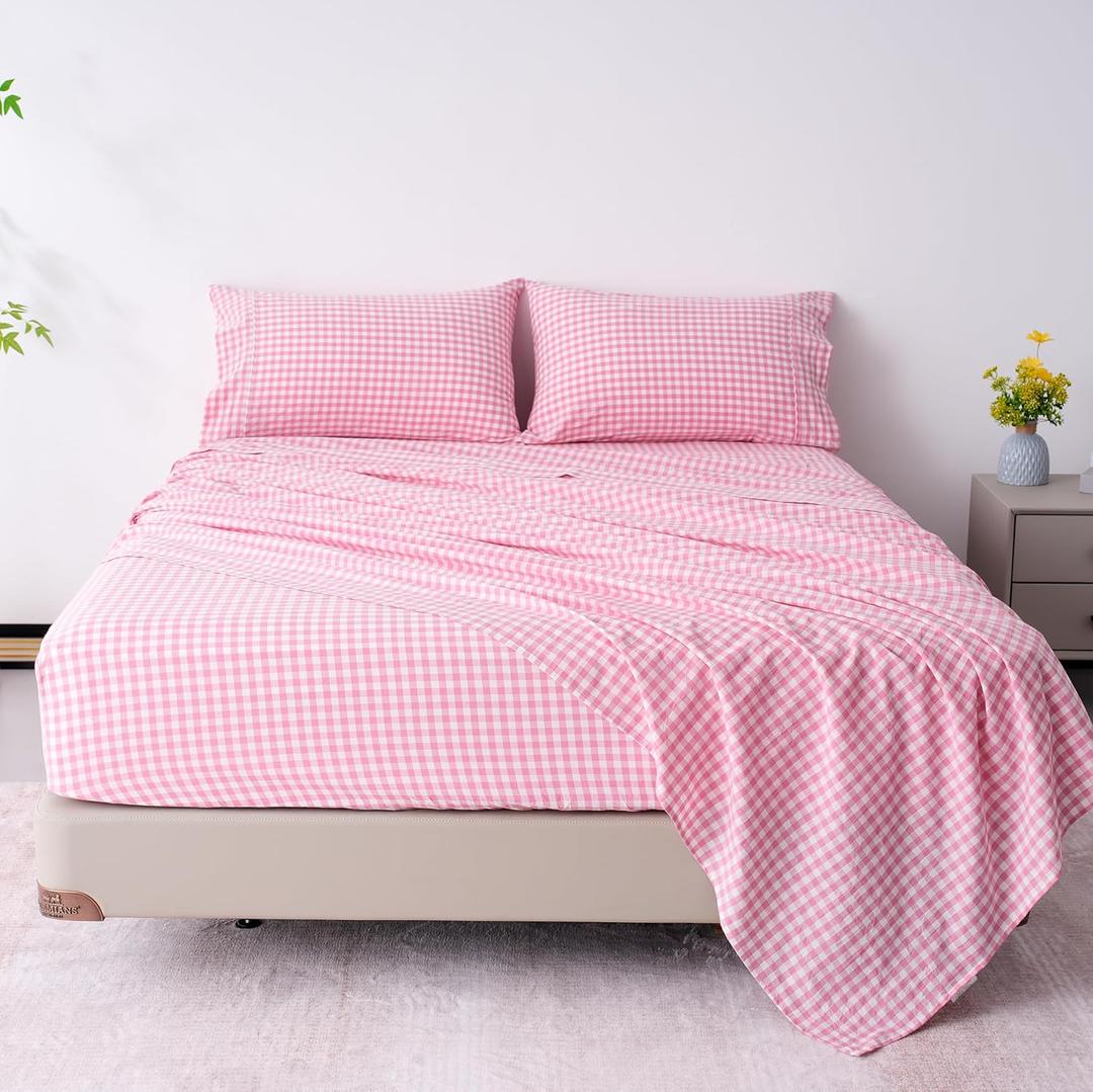 Best Season Cotton Checkered Full Size Sheets Set 3 Piece, Pink Gingham Bed Sheet 100% Cotton Luxury, Breathable & Cooling Sheets Full Size Bed Set Deep Pockets Upto 16" Pink & White Plaid Sheets