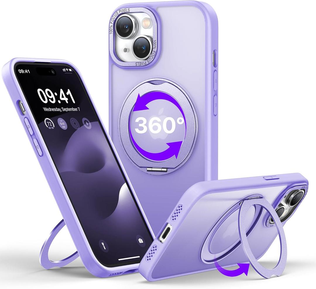QTlier case for iPhone 14, 360 Rotatable Ring Stand, Raised Camera Frame, Shockproof with MagSafe Lilac
