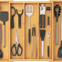 Lifewit Utensil Organizer for Kitchen Drawer, Expandable Cooking Utensil Tray, Cutlery Silverware Flatware Holder, Wood Adjustable Spatula Tools Storage Divider, 15.6-28 x 18.5, Natural