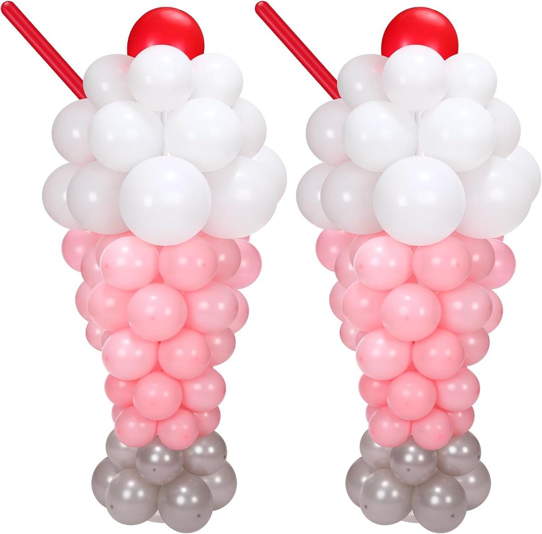 2 Set Ice Cream Balloon Column Stand Kit with 150 Balloon 2 Removable Milkshake Stand with Weighted Base and Stick 30 Rings Column Tower for Baby Shower Birthday Wedding Party Decor, 10 inches, 12 inches