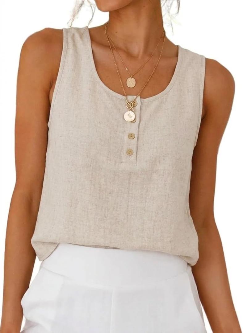 IDEALSANXUN Womens Linen Tank Tops 2026 Spring Summer Crewneck Sleeveless Tops (Beige, L)
