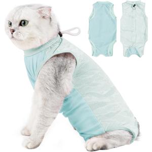 Cat Recovery Suit Breathable Post-Surgery Onesie for Male & Female Spay/Neuter, Light Green, M