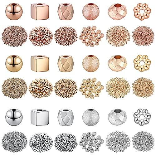 Hicarer 3660 Pieces Assorted Spacer Beads Faceted Rondelle Cube Square Column Flower Frosted Round Ball Loose Spacer Beads Jewelry Charms for Jewelry Making DIY, 3 Colors, 6 Styles