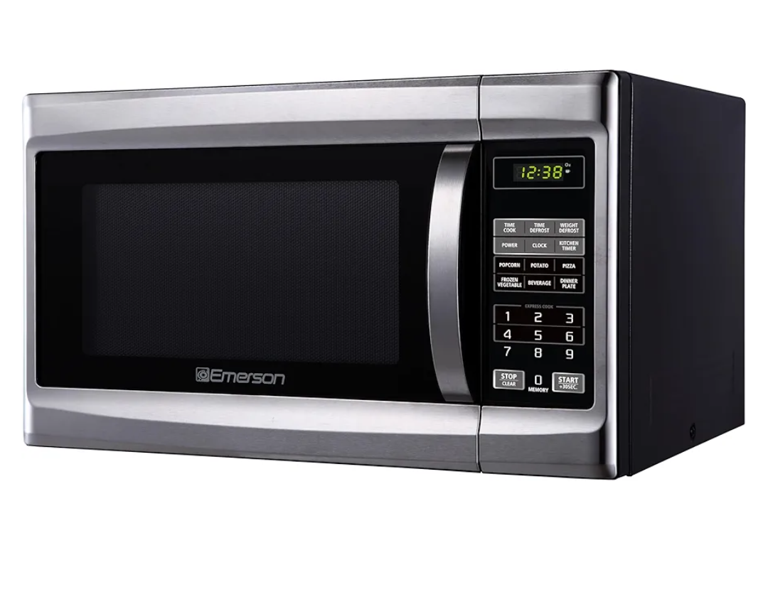 Emerson MW1338SB Countertop Microwave Oven, 6 Pre-Programmed Settings, Removable Glass Turntable, Child Safety Lock, 1.3 Cu ft, 1000W, Stainless Steel