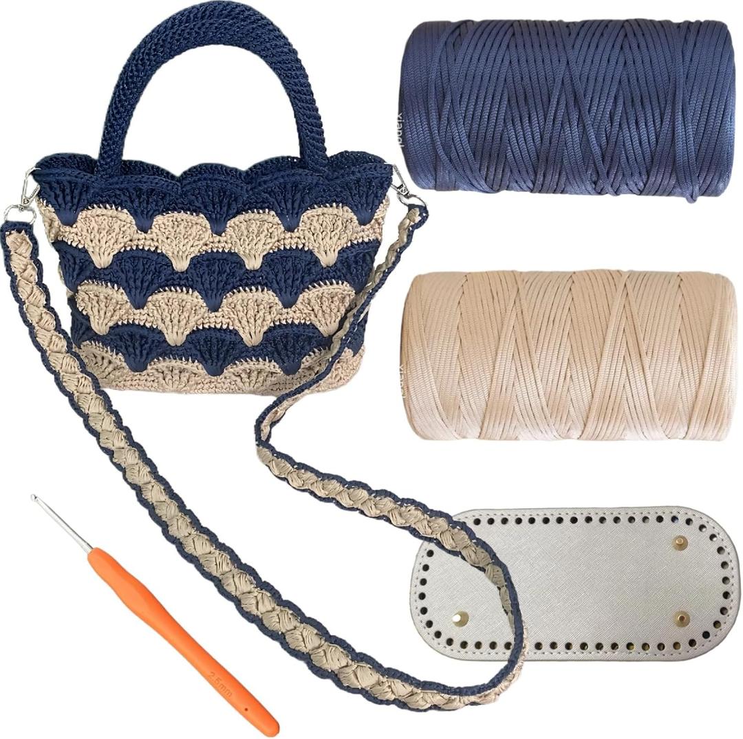SHENJILL Tote Bag Crochet Kit for Beginners Two Color Crochet Kit with Step-by-Step Videos and Written Instruction Fan-Shaped Bag Crocheting Kit for Adults Easy Crocheting Yarn (White Blue)