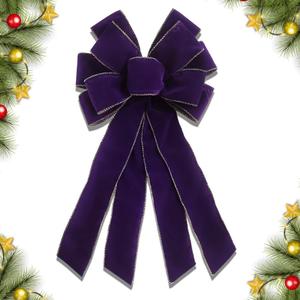 Christmas Wreath Bow 20 x 11 Inches Large Christmas Bows Purple Velvet Bow Winter Farmhouse Bow Xmas Tree Topper Ornament Bow for Home Front Door Decorations