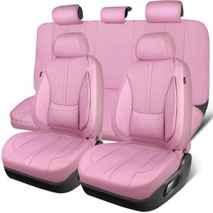 CAR PASS Pink Leather Seat Covers Full Set, Water Resistant 3D Foam Faux Leather Seat Cover, Luxury Comfort Automotive 5 Seat Covers Cute for Women Girly, Universal Fit SUV, Vans, Trucks, All Pink