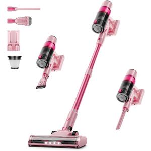 Cordless Cleaner Vacuum for Home: 6-in-1 Stick Vacuum with Anti-Tangle Brush, Self-Standing, HD Display, Rechargeable Vacuum for Pet Hair-Dark Pink