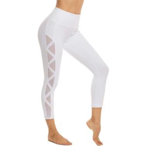 Romansong Women's Mesh Leggings Yoga Pants with Pocket, Non See-Through Capri High Waisted Tummy Control 4 Way Stretch (Medium) White
