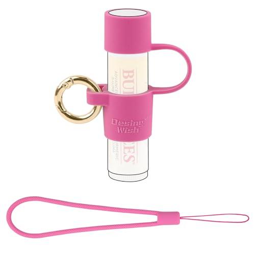 Desing Wish Silicone Chapstick Holder with Cap Cover, 0.6'' Diameter Portable Lip Balm Holder Key Chain Sleeve Chapstick Keychain Holder with Wrist Strap Lanyard - Rose