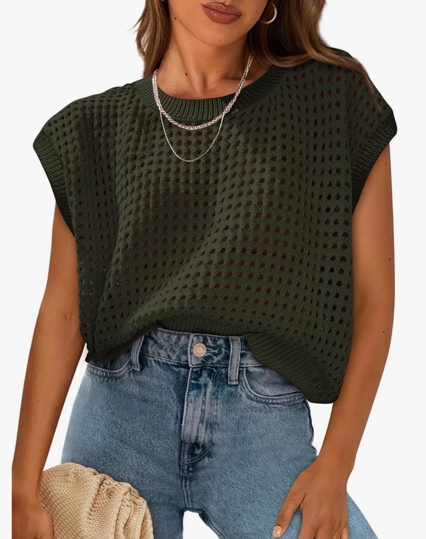PRETTYGARDEN Womens Spring Tops 2025 Summer Shirts Crochet Cap Sleeve Sweater Pullover Cute Beach Vacation Clothes XL